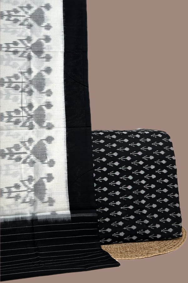 Black - 2pc Ikkat Cotton Dupatta and Handloom Soft Ikkat Cotton Top Fabric Set Black - 2pc Ikkat Cotton Dupatta and Handloom Soft Ikkat Cotton Top Fabric Set - Image 1