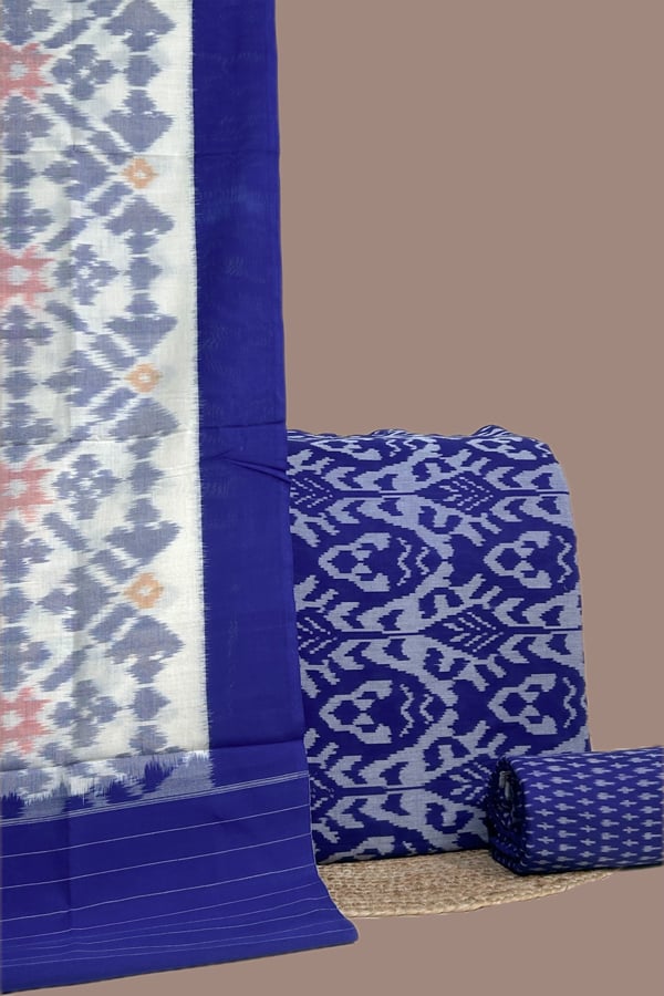 Blue - 3pc Ikkat Cotton Dupatta with Soft Ikkat Top And Bottom Set Blue - 3pc Ikkat Cotton Dupatta with Soft Ikkat Top And Bottom Set - Image 1