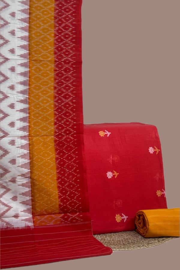Red - 3pc Ikkat Cotton Dupatta with Handloom Motif Soft Cotton Top And Handloom Soft Cotton Bottom Set Red - 3pc Ikkat Cotton Dupatta with Handloom Motif Soft Cotton Top And Handloom Soft Cotton Bottom Set - Image 1