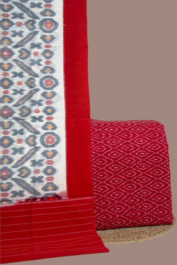 Red - 2pc Ikkat Cotton Dupatta and Handloom Soft Ikkat Cotton Top Fabric Set Red - 2pc Ikkat Cotton Dupatta and Handloom Soft Ikkat Cotton Top Fabric Set - Image 1