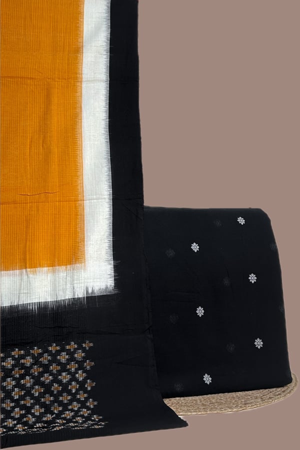 Black - 2pc Ikkat Cotton Dupatta and Handloom Woven Motif Cotton Top Fabric Set Black - 2pc Ikkat Cotton Dupatta and Handloom Woven Motif Cotton Top Fabric Set - Image 1