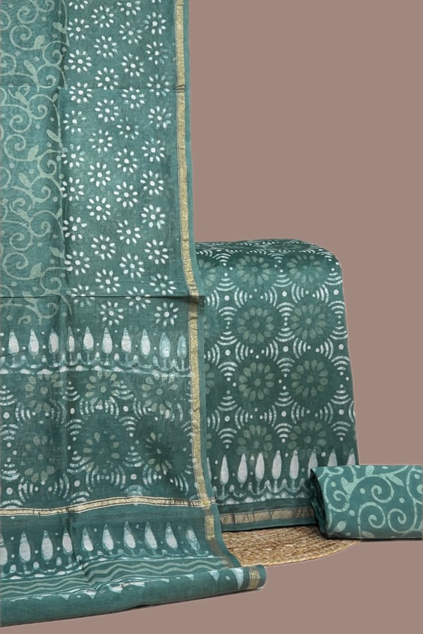 Green - 3pc Chanderi Silk Dupatta and Top Fabric with Cotton Blockprint Bottom Fabric Set
