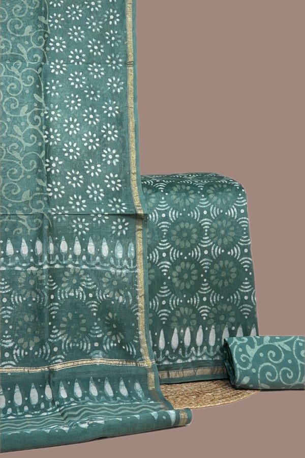 Green - 3pc Chanderi Silk Dupatta and Top Fabric with Cotton Blockprint Bottom Fabric Set