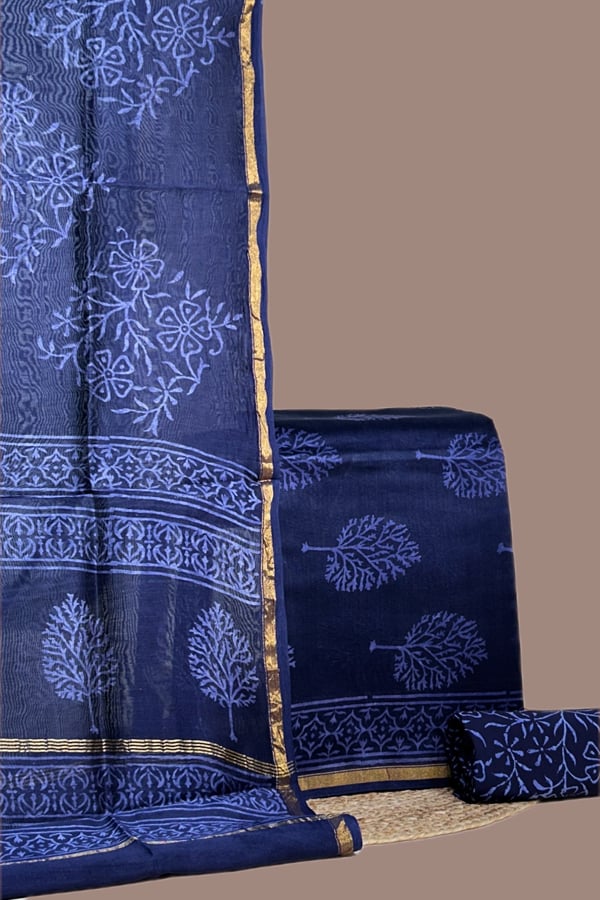 Purple - 3pc Chanderi Silk Dupatta and Top Fabric with Cotton Blockprint Bottom Fabric Set