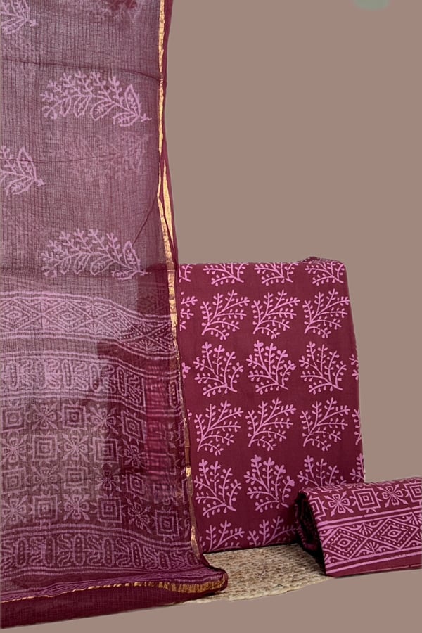 Red - 3pc Kota Doria Dupatta with Bagru Blockprint Cotton Top & Bottom Set Red - 3pc Kota Doria Dupatta with Bagru Blockprint Cotton Top & Bottom Set - Image 1