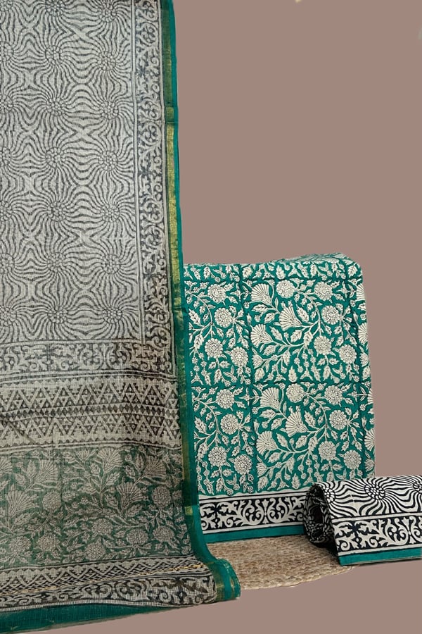 Green - 3pc Kota Doria Dupatta with Bagru Blockprint Cotton Top & Bottom Set Green - 3pc Kota Doria Dupatta with Bagru Blockprint Cotton Top & Bottom Set - Image 1
