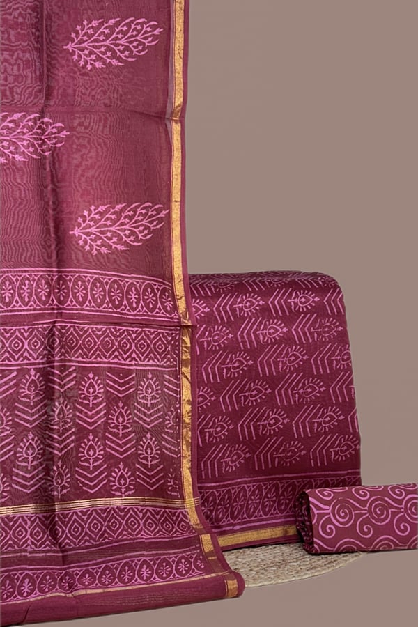 Red - 3pc Chanderi Silk Dupatta and Top Fabric with Cotton Blockprint Bottom Fabric Set