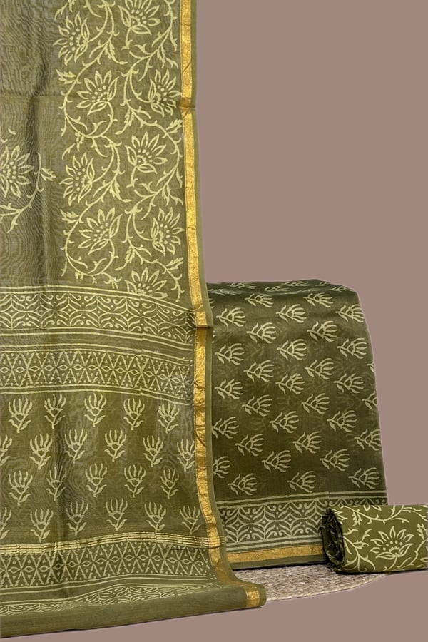 Green - 3pc Chanderi Silk Dupatta and Top Fabric with Cotton Blockprint Bottom Fabric Set Green - 3pc Chanderi Silk Dupatta and Top Fabric with Cotton Blockprint Bottom Fabric Set - Image 1
