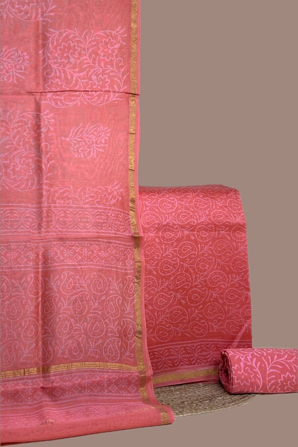 Pink - 3pc Chanderi Silk Dupatta and Top Fabric with Cotton Blockprint Bottom Fabric Set Pink - 3pc Chanderi Silk Dupatta and Top Fabric with Cotton Blockprint Bottom Fabric Set - Image 1