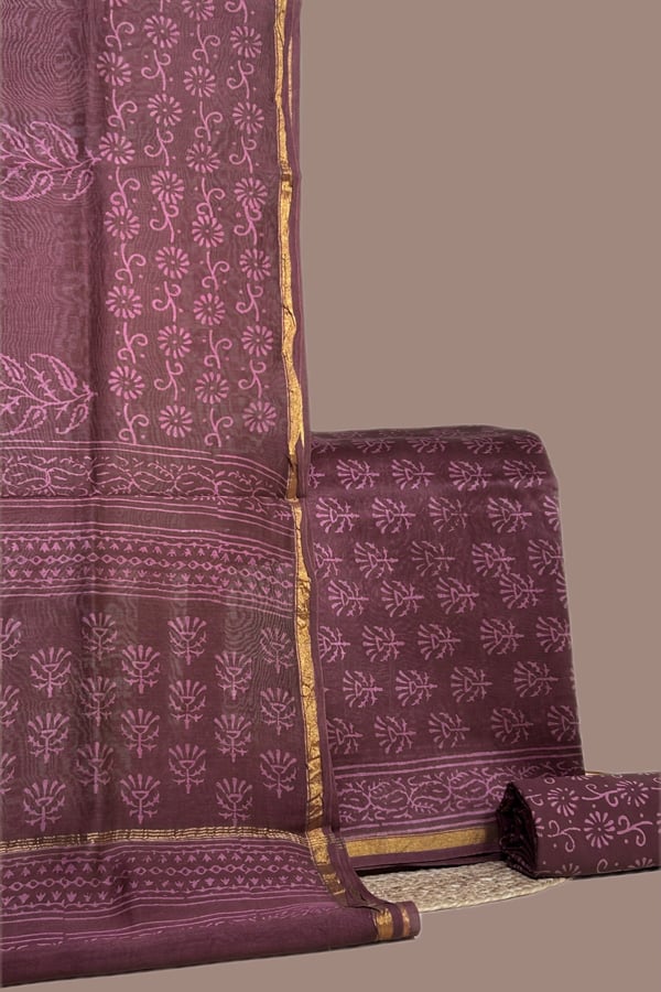 31921 Violet - 3pc Chanderi Silk Dupatta and Top Fabric with Cotton Blockprint Bottom Fabric Set - Image 1