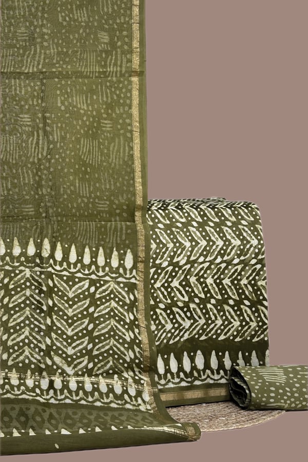 Green - 3pc Chanderi Silk Dupatta and Top Fabric with Cotton Blockprint Bottom Fabric Set Green - 3pc Chanderi Silk Dupatta and Top Fabric with Cotton Blockprint Bottom Fabric Set - Image 1