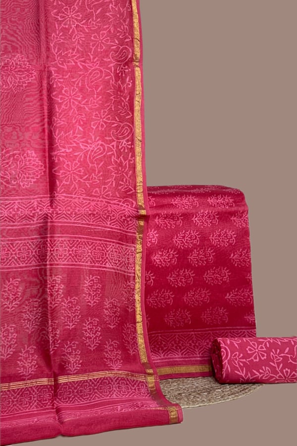 Pink - 3pc Chanderi Silk Dupatta and Top Fabric with Cotton Blockprint Bottom Fabric Set Pink - 3pc Chanderi Silk Dupatta and Top Fabric with Cotton Blockprint Bottom Fabric Set - Image 1