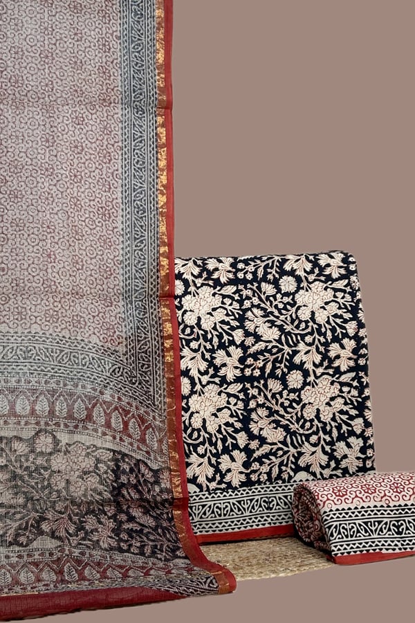 Black - 3pc Kota Doria Dupatta with Bagru Blockprint Cotton Top & Bottom Set Black - 3pc Kota Doria Dupatta with Bagru Blockprint Cotton Top & Bottom Set - Image 1
