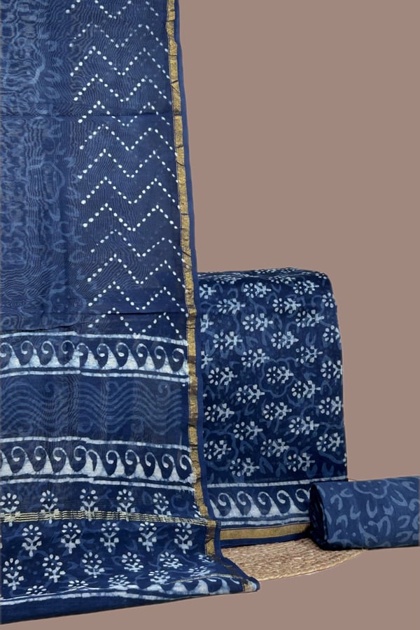 Blue - 3pc Chanderi Silk Dupatta and Top Fabric with Cotton Blockprint Bottom Fabric Set Blue - 3pc Chanderi Silk Dupatta and Top Fabric with Cotton Blockprint Bottom Fabric Set - Image 1