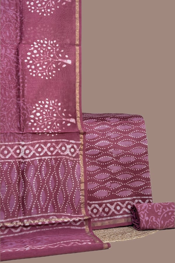 Pink - 3pc Chanderi Silk Dupatta and Top Fabric with Cotton Blockprint Bottom Fabric Set Pink - 3pc Chanderi Silk Dupatta and Top Fabric with Cotton Blockprint Bottom Fabric Set - Image 1