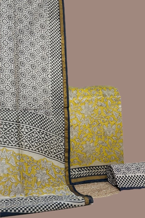 Yellow - 3pc Chanderi Silk Dupatta and Top Fabric with Cotton Blockprint Bottom Fabric Set