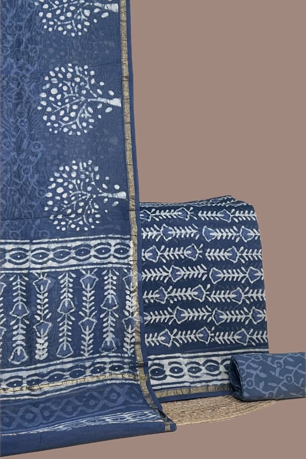 Blue - 3pc Chanderi Silk Dupatta and Top Fabric with Cotton Blockprint Bottom Fabric Set