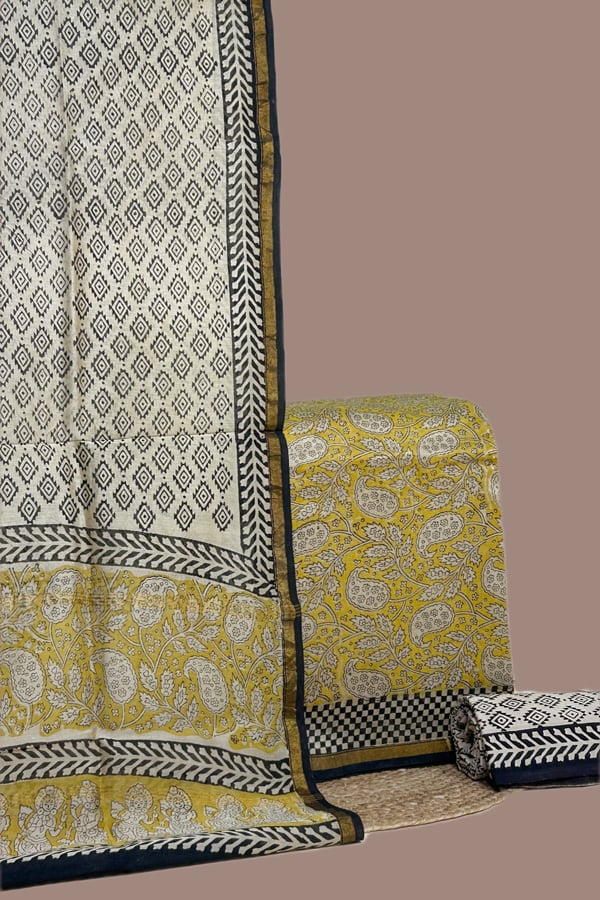 Yellow - 3pc Chanderi Silk Dupatta and Top Fabric with Cotton Blockprint Bottom Fabric Set Yellow - 3pc Chanderi Silk Dupatta and Top Fabric with Cotton Blockprint Bottom Fabric Set - Image 1
