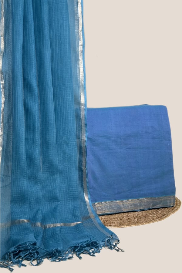 Blue - 2pc Kota Doria Dupatta and Mangalgiri Zari Border Handwoven Pure Cotton Set Blue - 2pc Kota Doria Dupatta and Mangalgiri Zari Border Handwoven Pure Cotton Set - Image 1