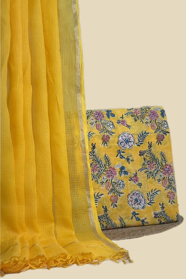 Yellow - 2pc Kota Doria Dupatta and Pure Soft Cotton Blockprint Top Fabric Set Yellow - 2pc Kota Doria Dupatta and Pure Soft Cotton Blockprint Top Fabric Set - Image 1