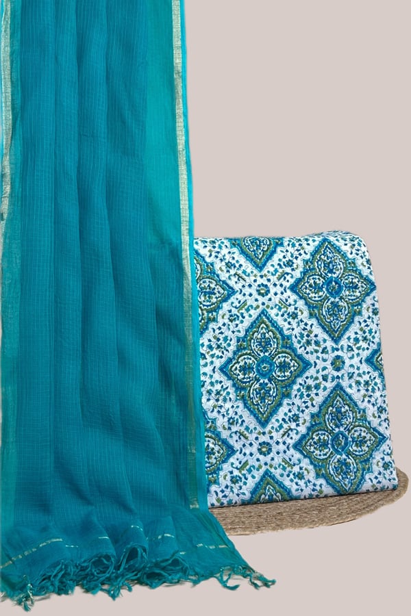 White - 2pc Kota Doria Dupatta and Pure Soft Cotton Blockprint Top Fabric Set White - 2pc Kota Doria Dupatta and Pure Soft Cotton Blockprint Top Fabric Set - Image 1