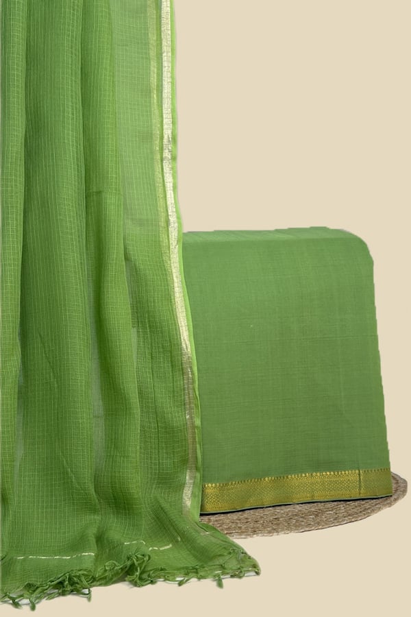Green - 2pc Kota Doria Dupatta and Mangalgiri Zari Border Handwoven Pure Cotton Set Green - 2pc Kota Doria Dupatta and Mangalgiri Zari Border Handwoven Pure Cotton Set - Image 1