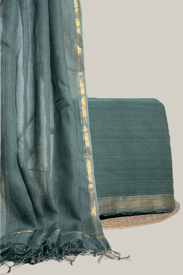 Green - 2pc Kota Doria Dupatta and Mangalgiri Zari Border Handwoven Pure Cotton Set Green - 2pc Kota Doria Dupatta and Mangalgiri Zari Border Handwoven Pure Cotton Set - Image 1