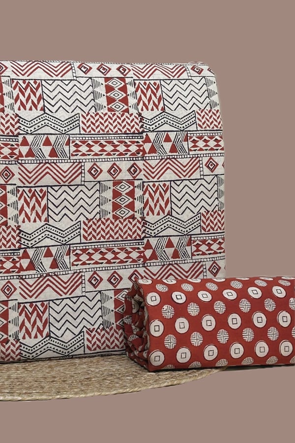 Red - 2pc Bagru HandCrafted Top and Bottom Cotton Fabric Set Red - 2pc Bagru HandCrafted Top and Bottom Cotton Fabric Set - Image 1