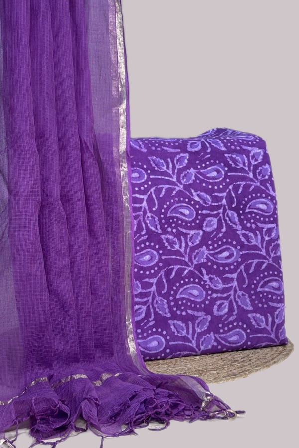 Purple - 2pc Kota Doria Dupatta and Bagru HandBlock Pure Cotton Set Purple - 2pc Kota Doria Dupatta and Bagru HandBlock Pure Cotton Set - Image 1