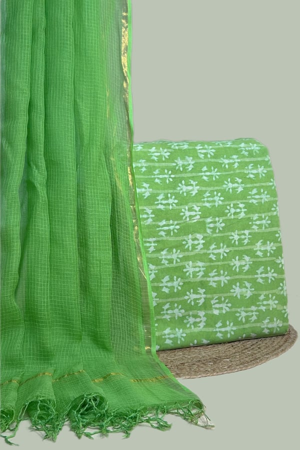Green - 2pc Kota Doria Dupatta and Bagru HandBlock Pure Cotton Set Green - 2pc Kota Doria Dupatta and Bagru HandBlock Pure Cotton Set - Image 1