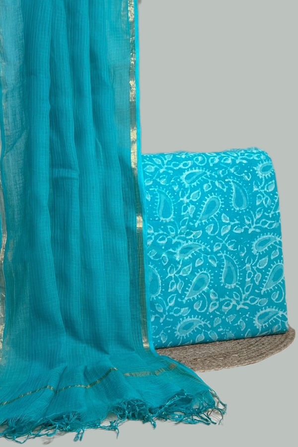 Blue - 2pc Kota Doria Dupatta and Bagru HandBlock Pure Cotton Set Blue - 2pc Kota Doria Dupatta and Bagru HandBlock Pure Cotton Set - Image 1