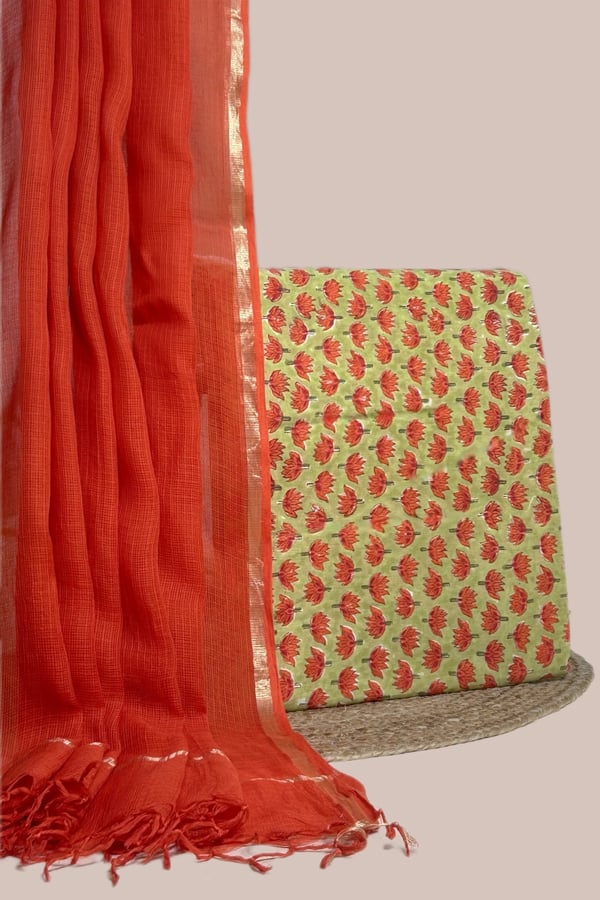 Yellow - 2pc Kota Doria Dupatta and Pure Soft Cotton Blockprint Top Fabric Set Yellow - 2pc Kota Doria Dupatta and Pure Soft Cotton Blockprint Top Fabric Set - Image 1