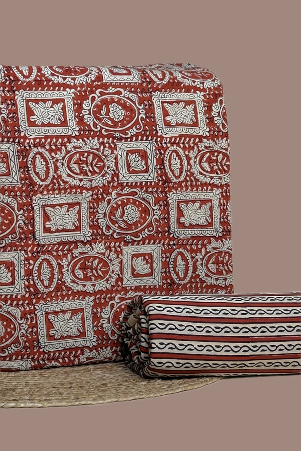 Red - 2pc Bagru HandCrafted Top and Bottom Cotton Fabric Set Red - 2pc Bagru HandCrafted Top and Bottom Cotton Fabric Set - Image 1