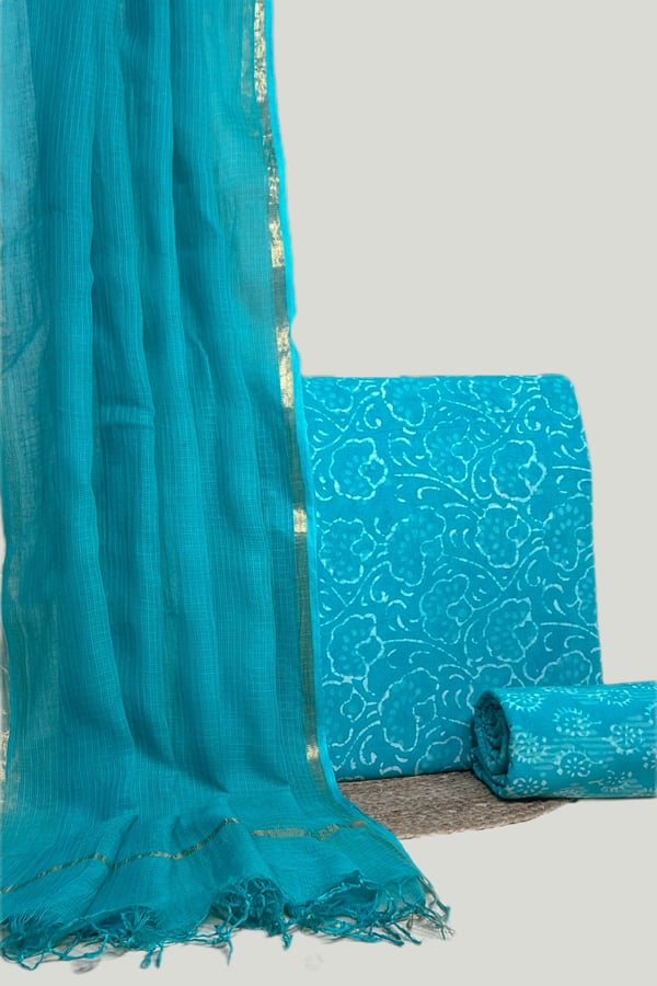 Blue - 3pc Kota Doria Dupatta with Bagru Blockprint Cotton Top & Bottom Set Blue - 3pc Kota Doria Dupatta with Bagru Blockprint Cotton Top & Bottom Set - Image 1