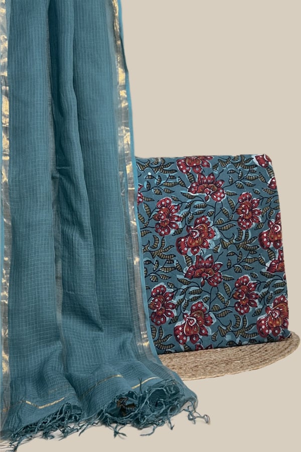 Blue - 2pc Kota Doria Dupatta and Bagru HandBlock Pure Cotton Set