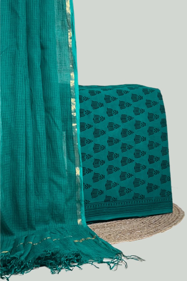 Green - 2pc Kota Doria Dupatta and Bagh Blockprint Top Cotton Fabric Set Green - 2pc Kota Doria Dupatta and Bagh Blockprint Top Cotton Fabric Set - Image 1