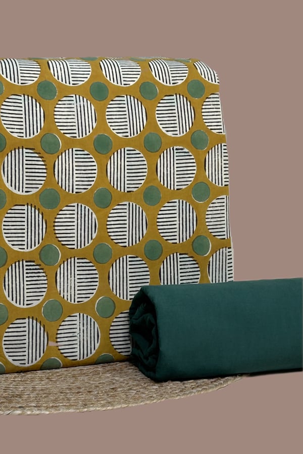 Green - 2pc Bagru HandCrafted Top and Plain Dyed Cotton Bottom Fabric Set Green - 2pc Bagru HandCrafted Top and Plain Dyed Cotton Bottom Fabric Set - Image 1