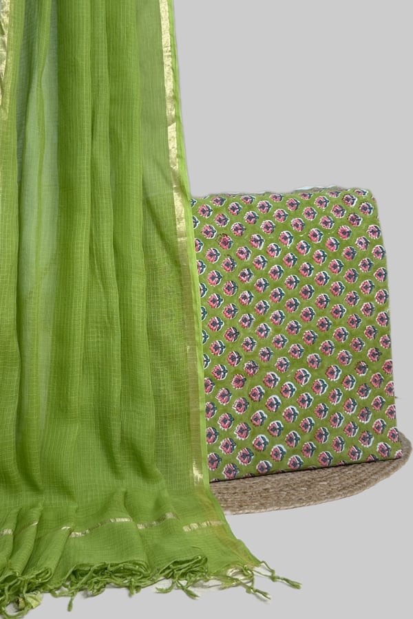 Green - 2pc Kota Doria Dupatta and Pure Soft Cotton Blockprint Top Fabric Set Green - 2pc Kota Doria Dupatta and Pure Soft Cotton Blockprint Top Fabric Set - Image 1
