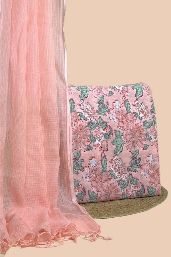 Pink - 2pc Kota Doria Dupatta and Pure Soft Cotton Blockprint Top Fabric Set Pink - 2pc Kota Doria Dupatta and Pure Soft Cotton Blockprint Top Fabric Set - Image 1