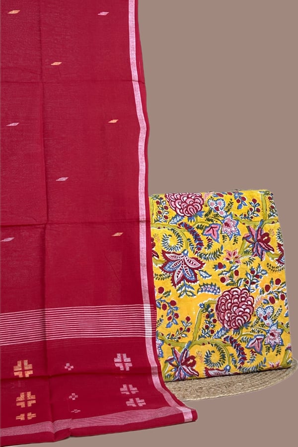 Yellow - 2pc Handloom Cotton Dupatta and Pure Soft Cotton Top Set Yellow - 2pc Handloom Cotton Dupatta and Pure Soft Cotton Top Set - Image 1