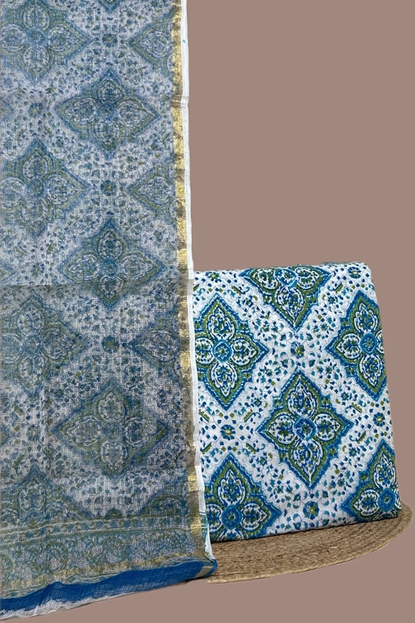 White - 2pc Kota Doria Dupatta and Pure Soft Cotton Blockprint Top Fabric Set White - 2pc Kota Doria Dupatta and Pure Soft Cotton Blockprint Top Fabric Set - Image 1