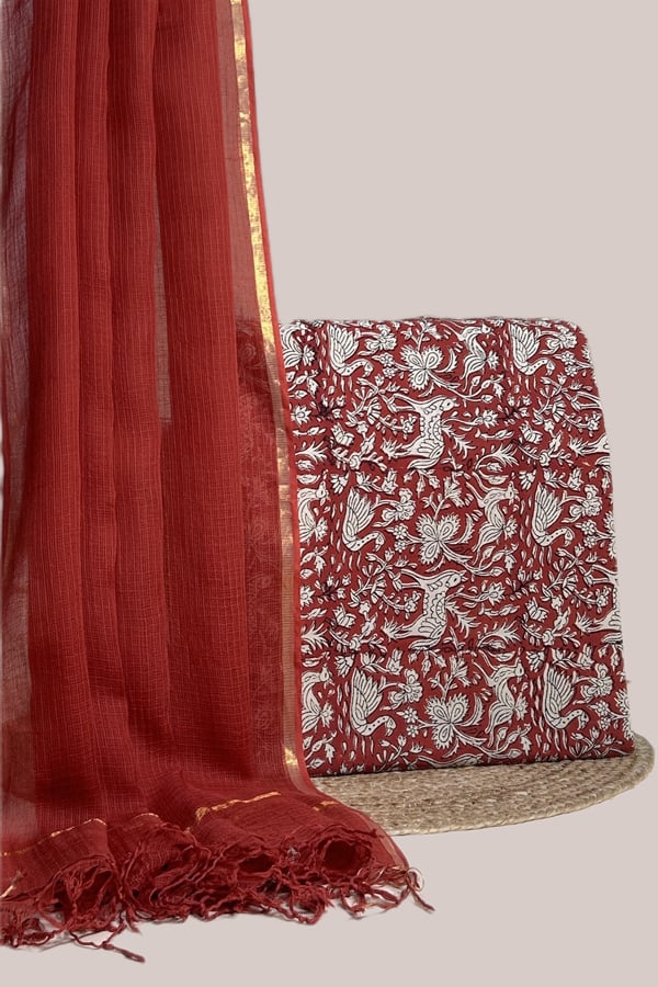 Red - 2pc Kota Doria Dupatta and Pure Soft Cotton Blockprint Top Fabric Set Red - 2pc Kota Doria Dupatta and Pure Soft Cotton Blockprint Top Fabric Set - Image 1