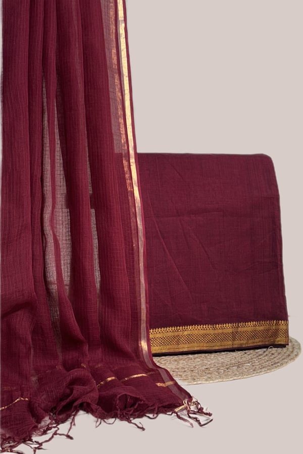Maroon - 2pc Kota Doria Dupatta and Mangalgiri Zari Border Handwoven Pure Cotton Set Maroon - 2pc Kota Doria Dupatta and Mangalgiri Zari Border Handwoven Pure Cotton Set - Image 1