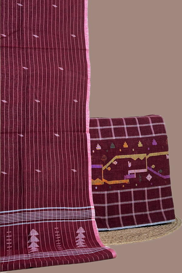 Maroon - 2pc Handloom Cotton Dupatta and Jamdani Intricate Woven Border Top Fabric Set Maroon - 2pc Handloom Cotton Dupatta and Jamdani Intricate Woven Border Top Fabric Set - Image 1