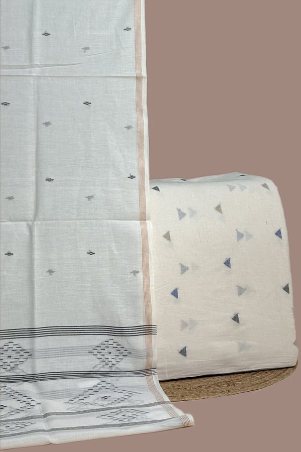 White - 2pc Handloom Cotton Dupatta and Handloom Woven Design Top Fabric Set