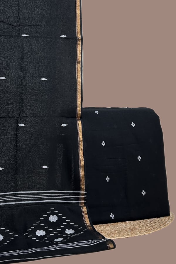 Black - 2pc Handloom Cotton Dupatta and Handloom Woven Design Top Fabric Set