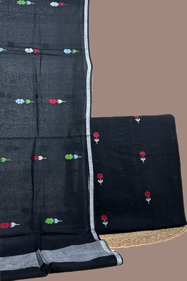 Black - 2pc Handloom Cotton Dupatta and Handloom Woven Design Top Fabric Set