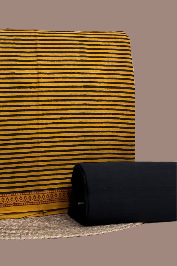 Yellow - 2pc Bagh Handblock Top and Handloom Bottom Cotton Fabric Set Yellow - 2pc Bagh Handblock Top and Handloom Bottom Cotton Fabric Set - Image 1