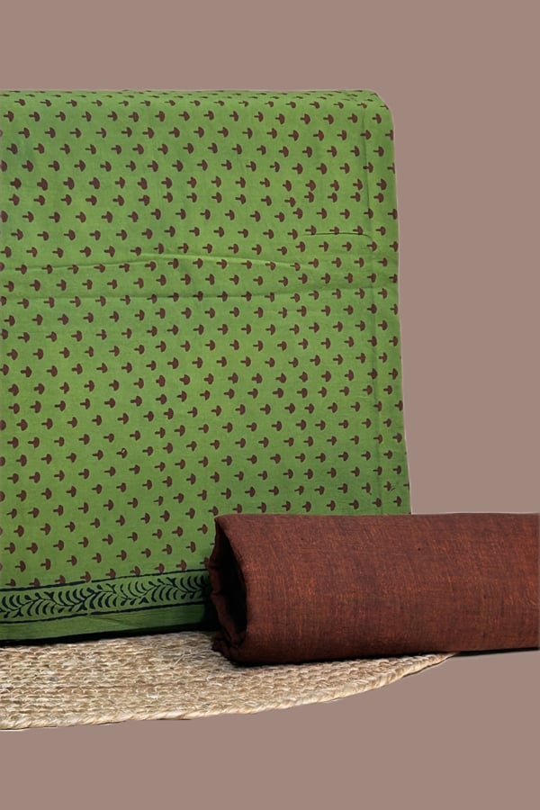 Green - 2pc Bagh Handblock Top and Handloom Bottom Cotton Fabric Set