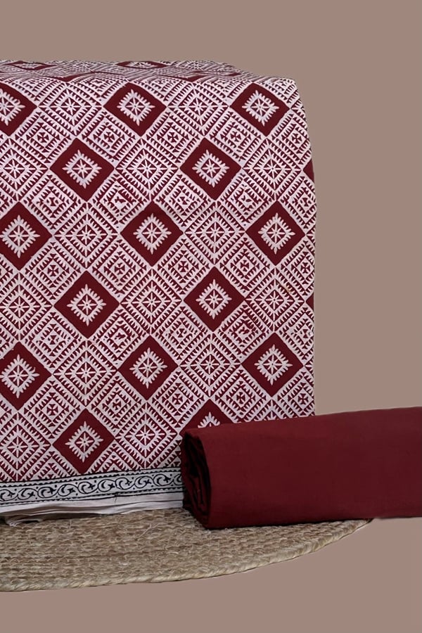 Red - 2pc Bagh Handblock Top and Plain Dyed Bottom Cotton Fabric Set